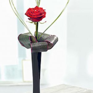 Single Red Rose in bud vase with heart shaped steel grass