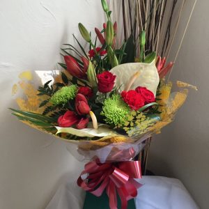 Modern Style Handtied in Rich Reds & Lime Green & Cream